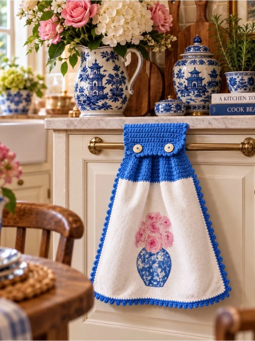 Handmade Crochet Hanging Kitchen Towel Chinoiserie Blue White Roses